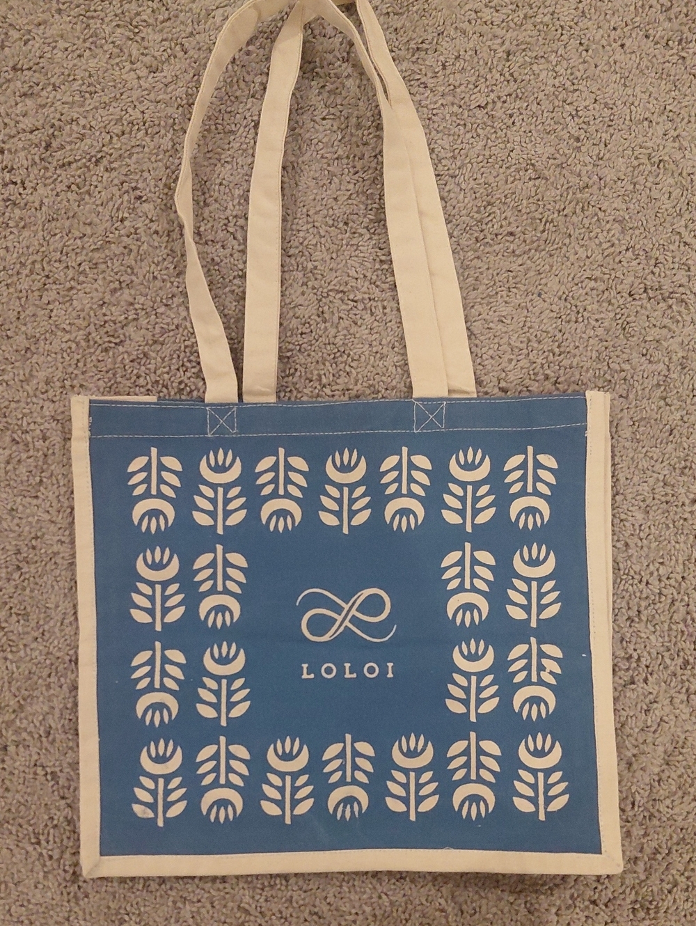 LOLOI Blue and Cream Canvas Tote with Floral Motif
